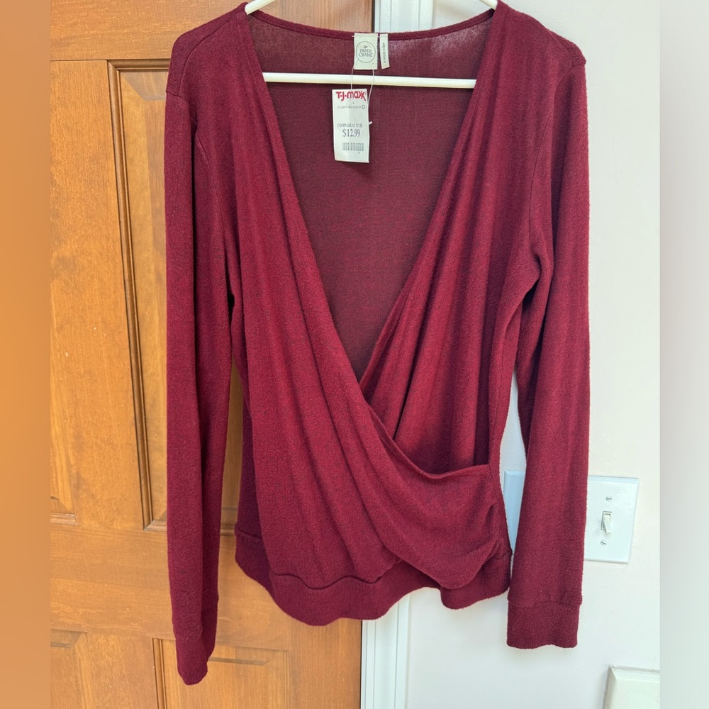 New with tag Paper Crane super soft Burgundy Wrap Sweater